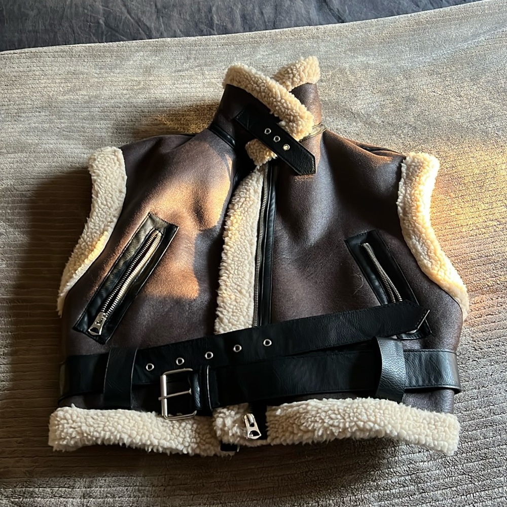Zara vegan leather and Sherpa bomber vest small